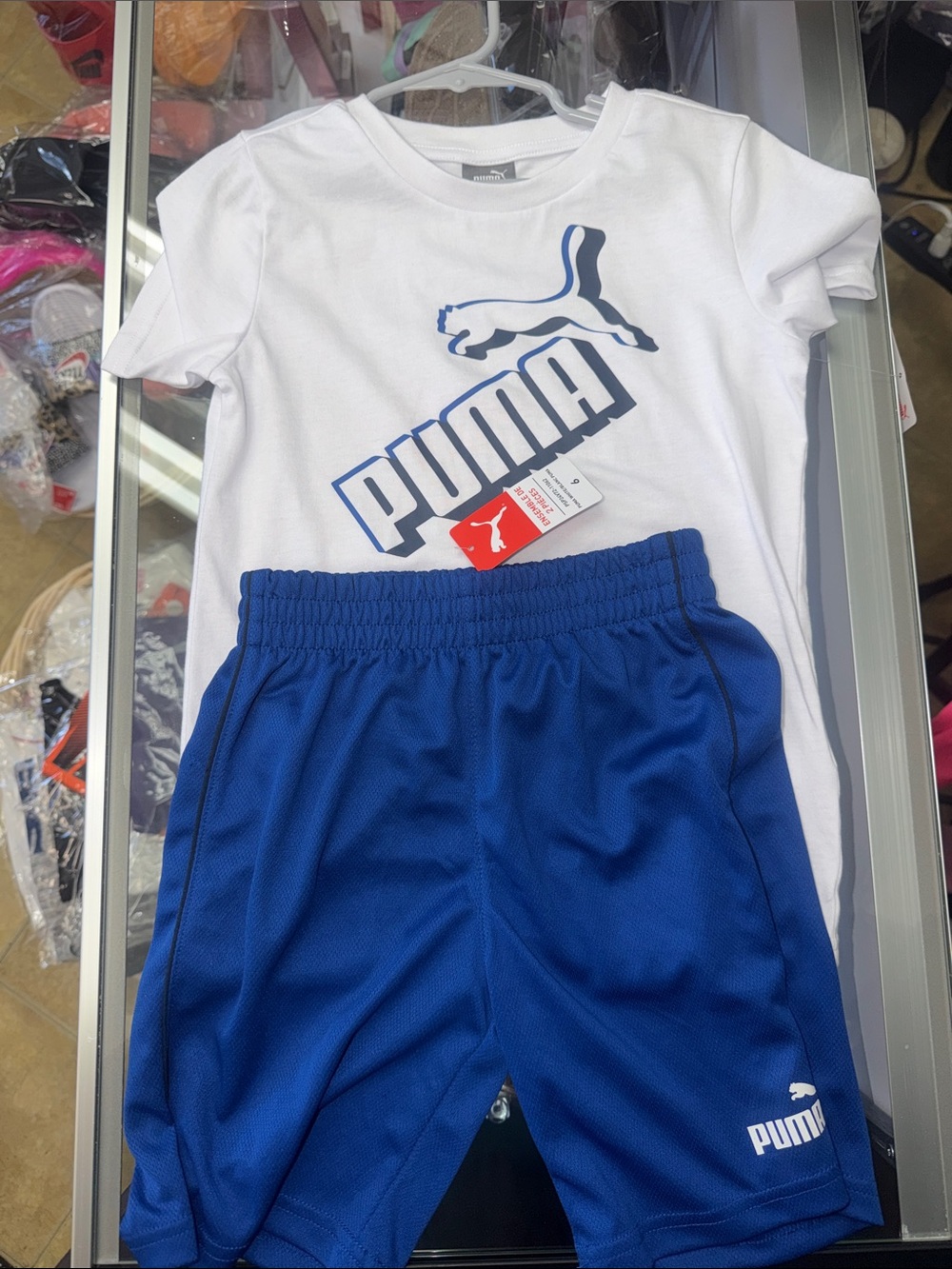 Puma Kids White Tee with Blue Logo and Royal Blue Athletic Shorts